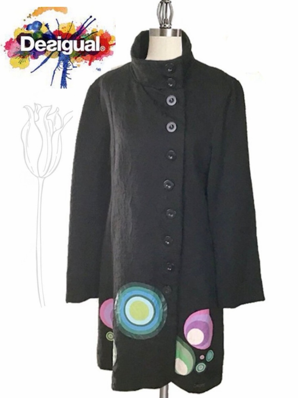 DESIGUAL Long Sleeve Brocade Patterned Collar Button-Down Coat